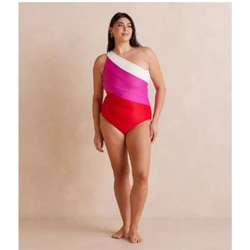 summersalt One-Shoulder Colorblock Swimsuit in White, Pink & Red